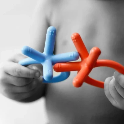 Comotomo Silicone Baby Teether - Blue/Orange 3 Months +