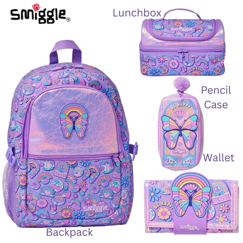 Smiggle Butterfly Design Set Backpack for Children, 42cm, 4 Pcs, Wallet, Pencil Case, Lunch Bag, Backpack