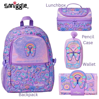 Smiggle Butterfly Design Set Backpack for Children, 42cm, 4 Pcs, Wallet, Pencil Case, Lunch Bag, Backpack
