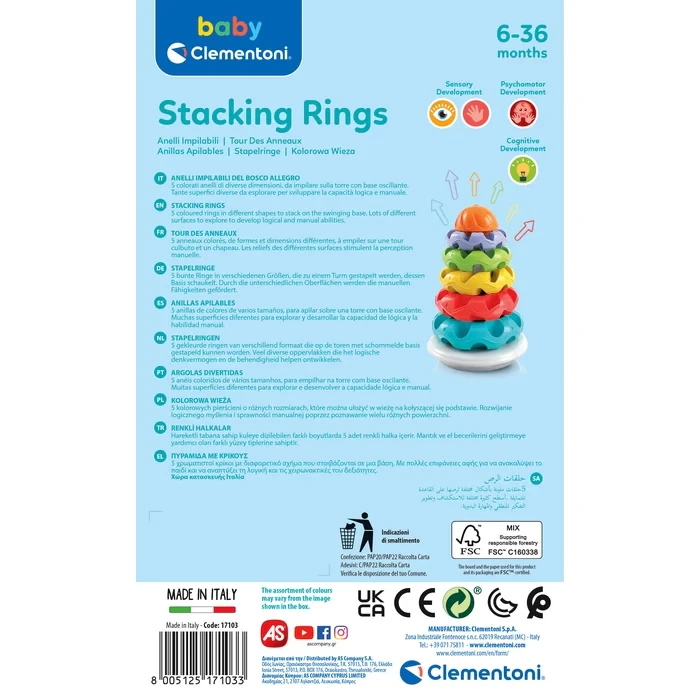 Clementoni Stacking Rings, Tactile Sensory Toy for Babies aged 6-36 Months