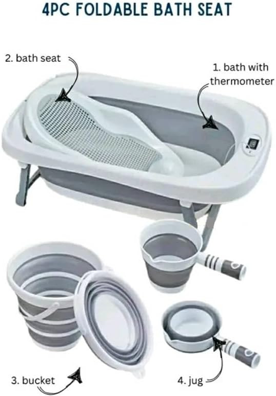 Tenbabe 4-in-1 Foldable Baby Bathtub Set with Silicone Bather, Thermometer, Bucket & Ladle for Newborns to Toddlers, 0-3 Years