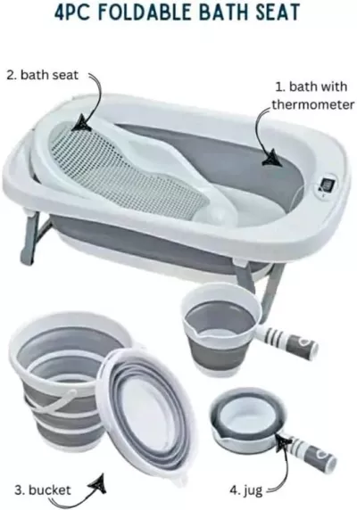 Tenbabe 4-in-1 Foldable Baby Bathtub Set with Silicone Bather, Thermometer, Bucket & Ladle for Newborns to Toddlers, 0-3 Years