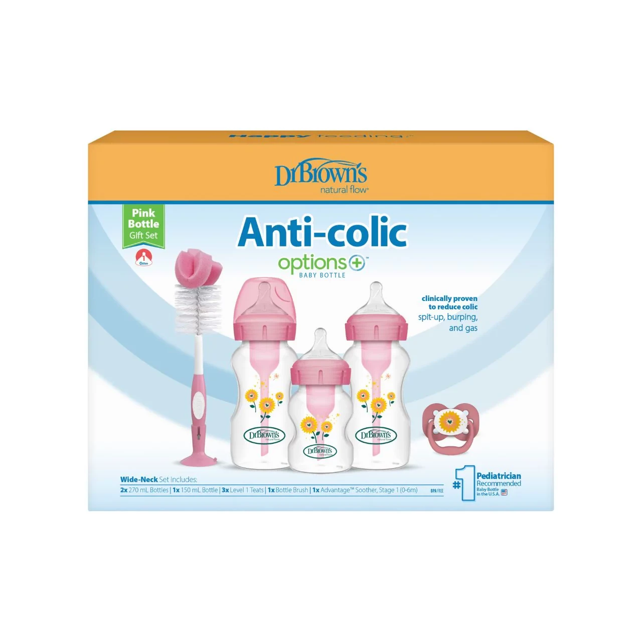 Dr Brown's Anti-Colic Options+ Baby Bottle Gift Set with 3 Bottles, Breast-like teats, Soother & Bottle/Teat Brush