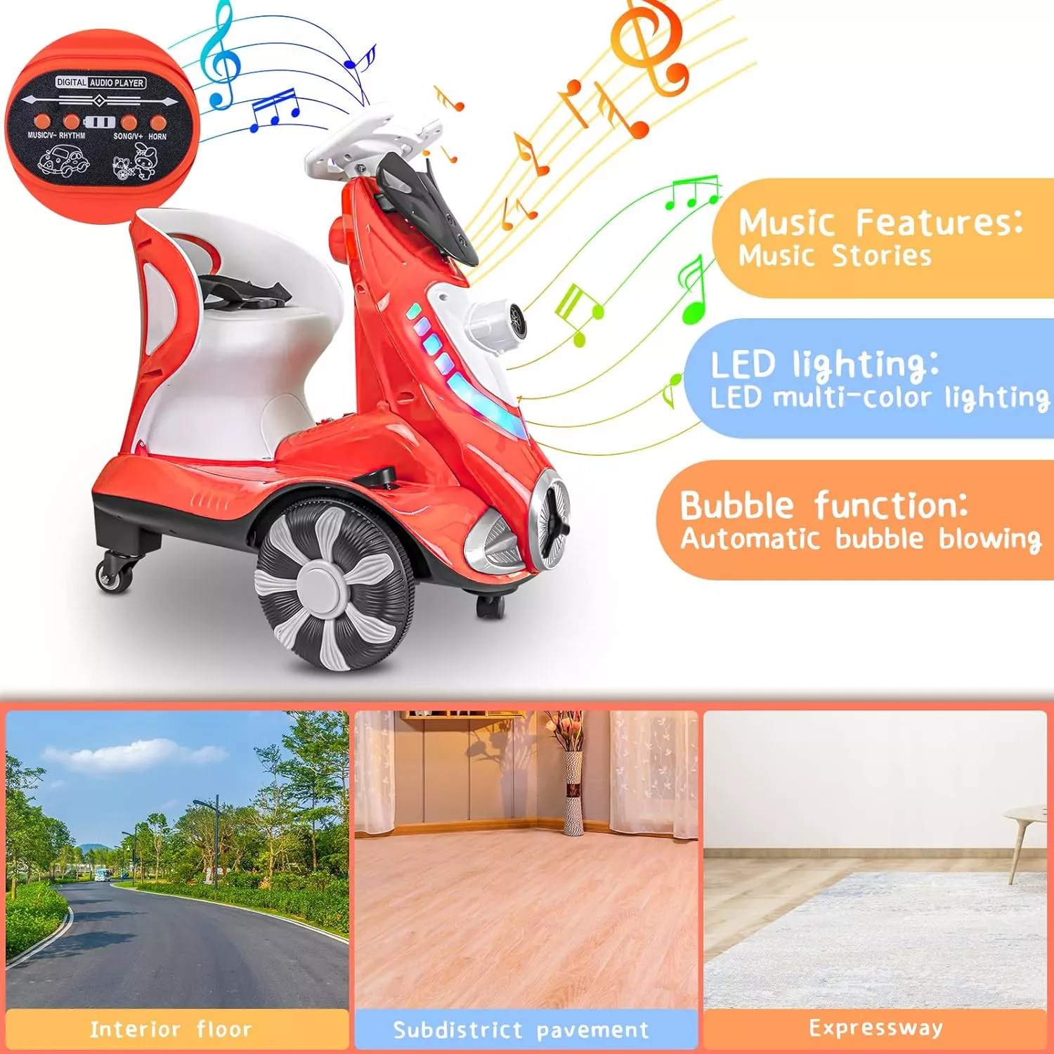 Ride-On Car for Kids with Bubble Maker – Dual Drive Electric Vehicle for Toddlers, Music, LED Lights, 360° Wheels, Safe Belt, Ages 3–5