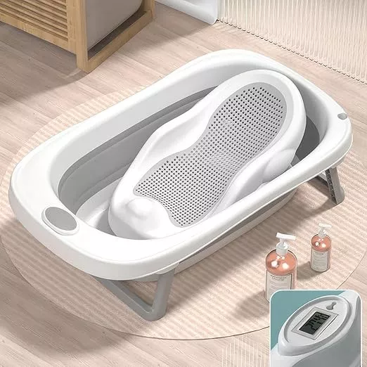 Tenbabe 4-in-1 Foldable Baby Bathtub Set with Silicone Bather, Thermometer, Bucket & Ladle for Newborns to Toddlers, 0-3 Years