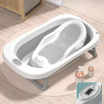 Tenbabe 4-in-1 Foldable Baby Bathtub Set with Silicone Bather, Thermometer, Bucket & Ladle for Newborns to Toddlers, 0-3 Years