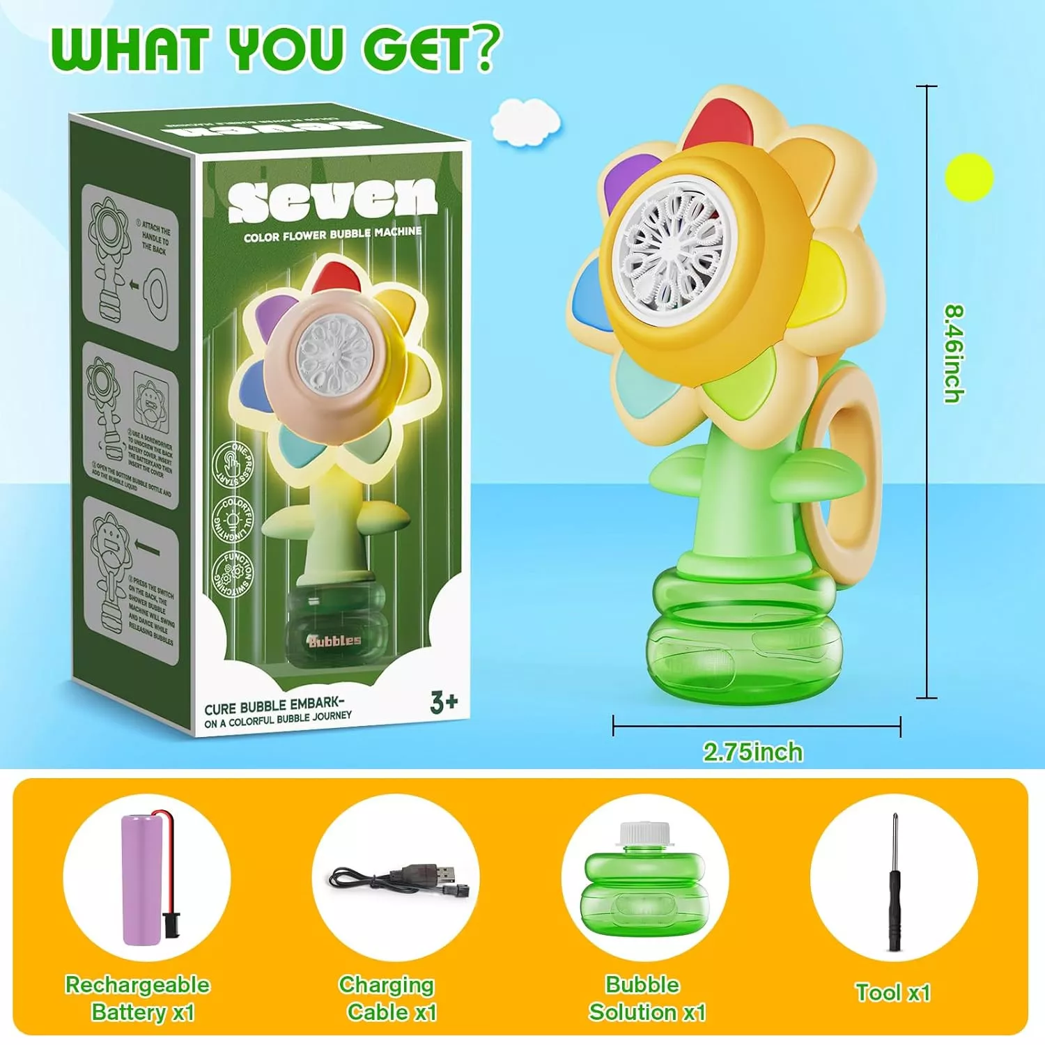 Sunflower Bubble Machines for Kids, Automatic Bubble Blower, Rechargeable & Battery Operated, Indoor/Outdoor Party Toy for Toddlers