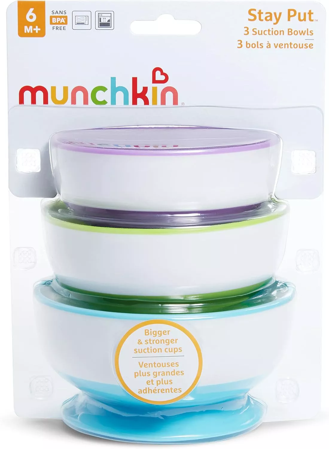 Munchkin Stay Put Feeding Suction Bowl for Babies, Pack of 3, Three different sizes and colors