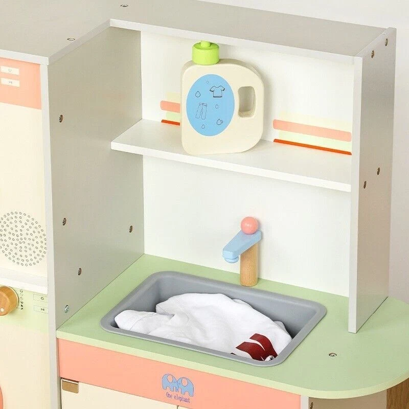 Kids Wooden Laundry Play Set, Pretend to Play Washing Machine, Sink & Dryer Toy with Storage for Ages 3+