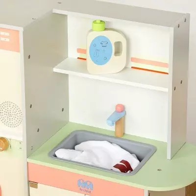 Kids Wooden Laundry Play Set, Pretend to Play Washing Machine, Sink & Dryer Toy with Storage for Ages 3+