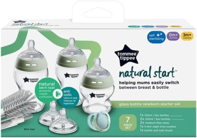 Tommee Tippee Natural Start Glass Newborn Starter Set, 150ml and 250ml Anti-Colic Baby Bottles, 0 to 6 Months