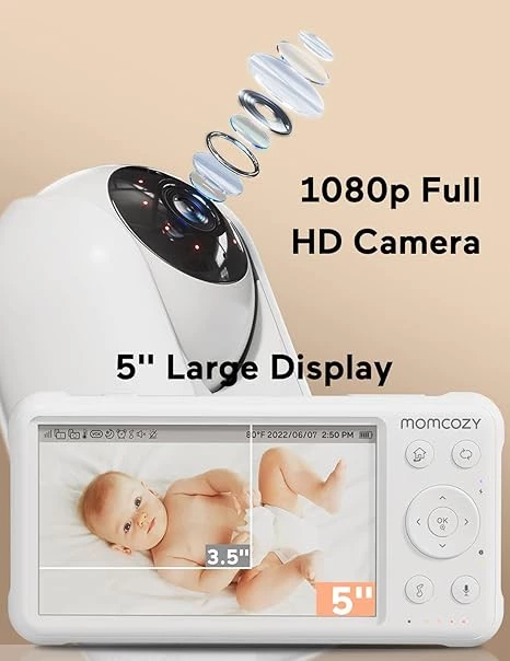 Momcozy 1080P Video Baby Monitor with Camera – 5” HD Display, Infrared Night Vision, 5000mAh Battery, 2-Way Audio, 960ft Range, BM01