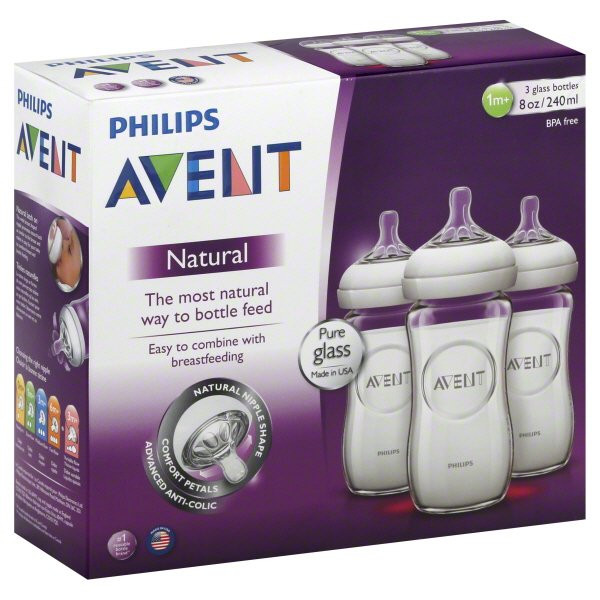 Philips AVENT Natural Clear Glass Baby Bottles 240ml, 3-Pack, 1m+, BPA-Free, Anti-Colic, Breast-Like Nipple