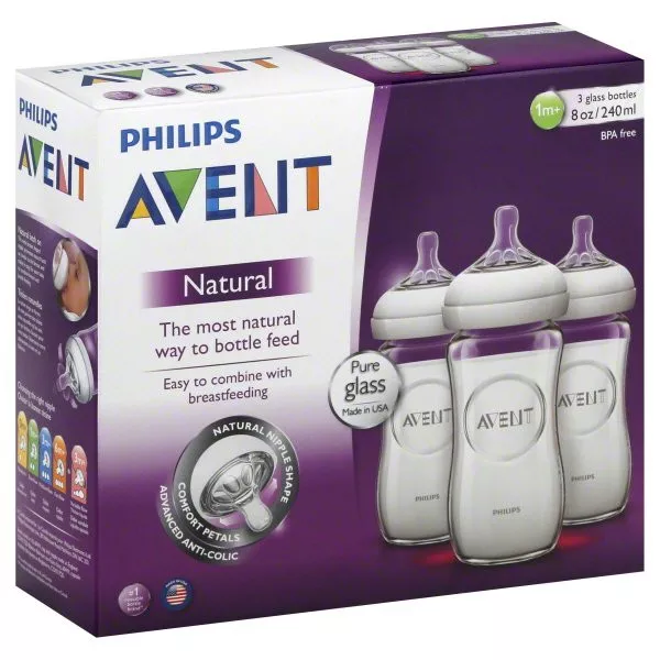 Philips AVENT Natural Clear Glass Baby Bottles 240ml, 3-Pack, 1m+, BPA-Free, Anti-Colic, Breast-Like Nipple