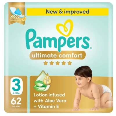 Pampers Premium Care Ultimate Comfort Taped Diapers, Aloe Vera & Vitamin E, 1000 Leak Locks, 50 Pieces