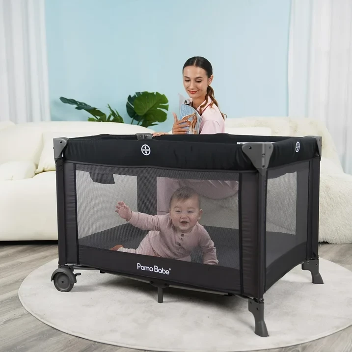 4-in-1 Convertible Baby Playpen with Bassinet, Napper, Changing Table & Travel Bag, Portable Playard with Canopy, Wheels & Storage