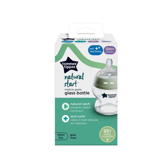 Tommee Tippee Baby Bottles, Natural Start Glass Anti-Colic Baby Bottle with Slow Flow Breast-Like Teat, 150ml, 0m+