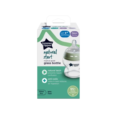 Tommee Tippee Baby Bottles, Natural Start Glass Anti-Colic Baby Bottle with Slow Flow Breast-Like Teat, 150ml, 0m+