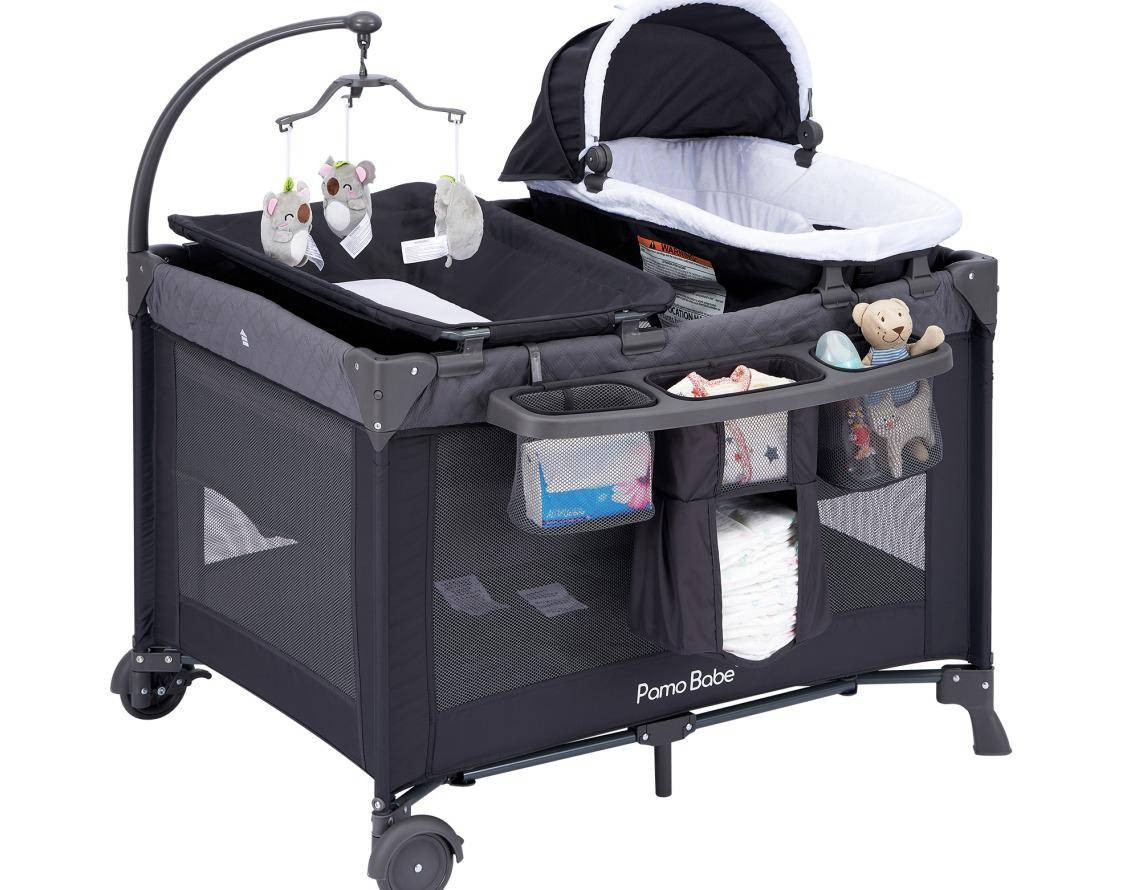 4-in-1 Convertible Baby Playpen with Bassinet, Napper, Changing Table & Travel Bag, Portable Playard with Canopy, Wheels & Storage