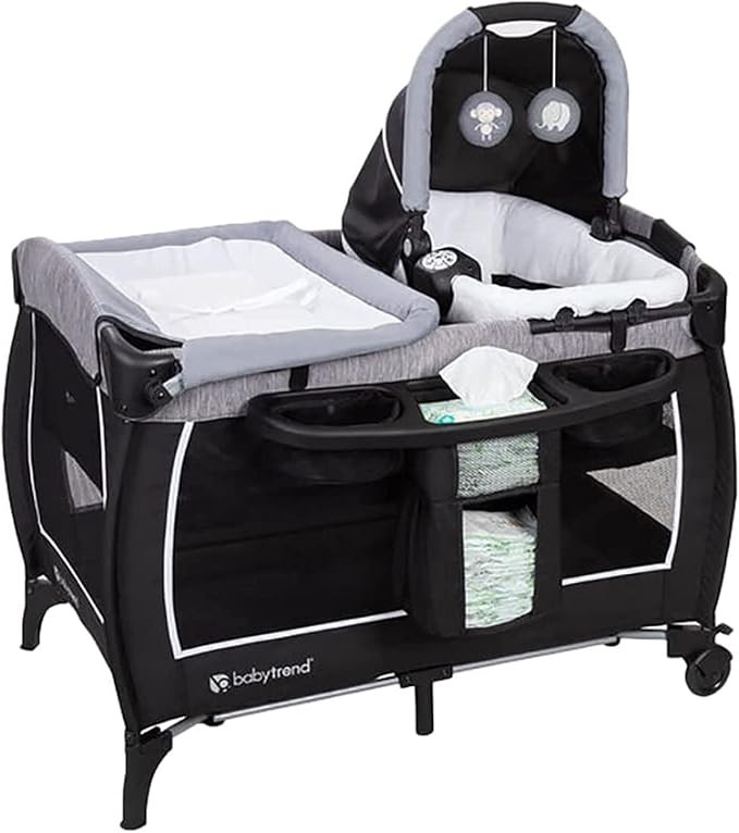 4-in-1 Convertible Baby Playpen with Bassinet, Changing Table & Traveling Tote Bag, Portable Playard with Canopy, Wheel & Storage Organizer