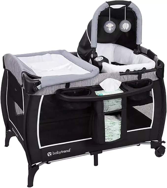 4-in-1 Convertible Baby Playpen with Bassinet, Changing Table & Traveling Tote Bag, Portable Playard with Canopy, Wheel & Storage Organizer