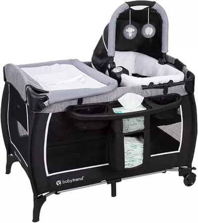4-in-1 Convertible Baby Playpen with Bassinet, Changing Table & Traveling Tote Bag, Portable Playard with Canopy, Wheel & Storage Organizer