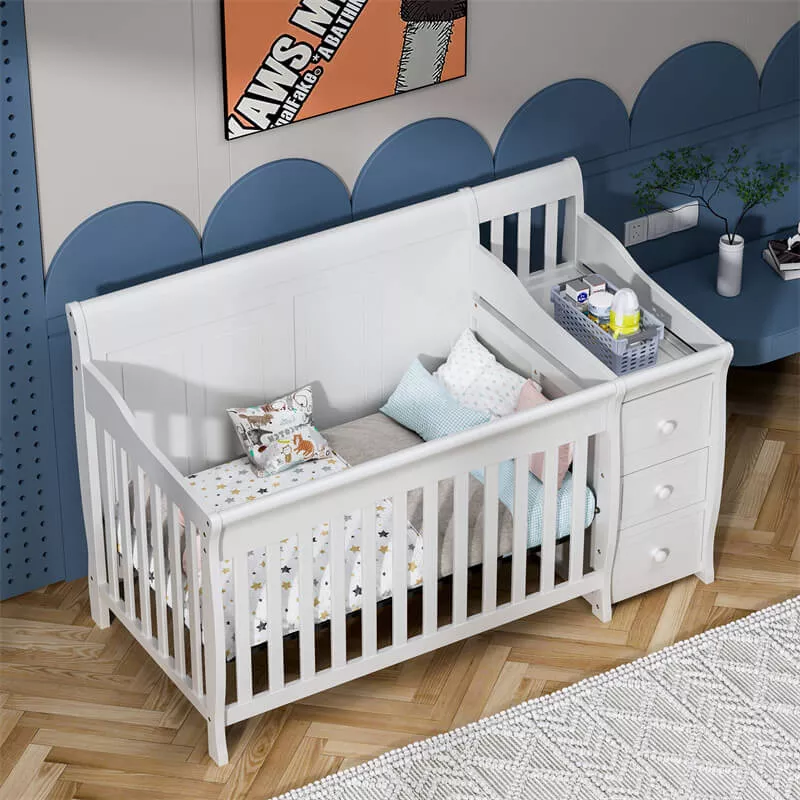 4-in-1 Convertible Baby Crib & Changer, Crib Changer With Drawers, Adjustable Mattress Height & Toddler Bed Conversion