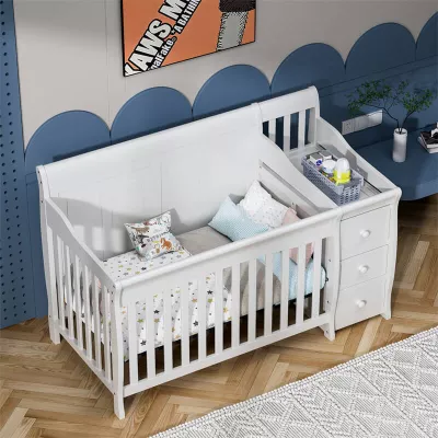 4-in-1 Convertible Baby Crib & Changer, Crib Changer With Drawers, Adjustable Mattress Height & Toddler Bed Conversion