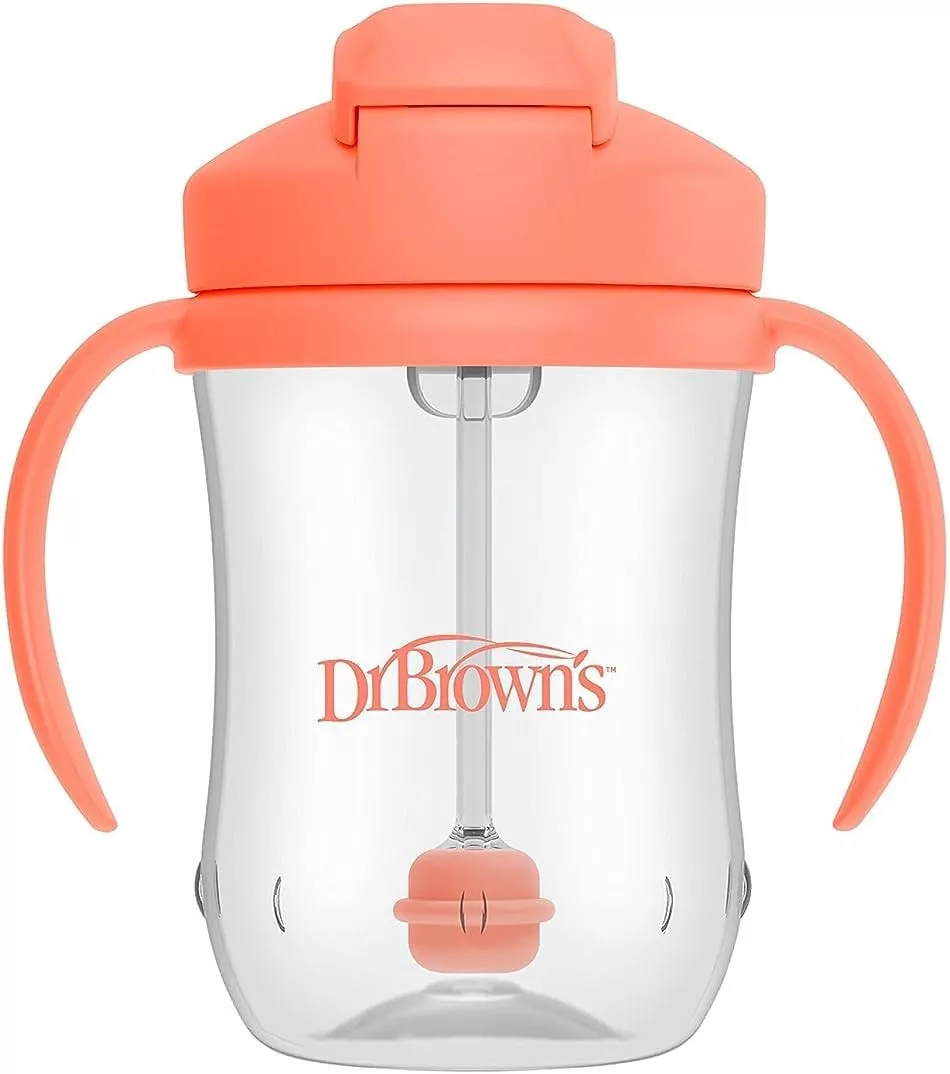 Dr. Brown's Milestones Baby’s First Straw Cup, Training Cup with Weighted Straw, Coral, 6m+