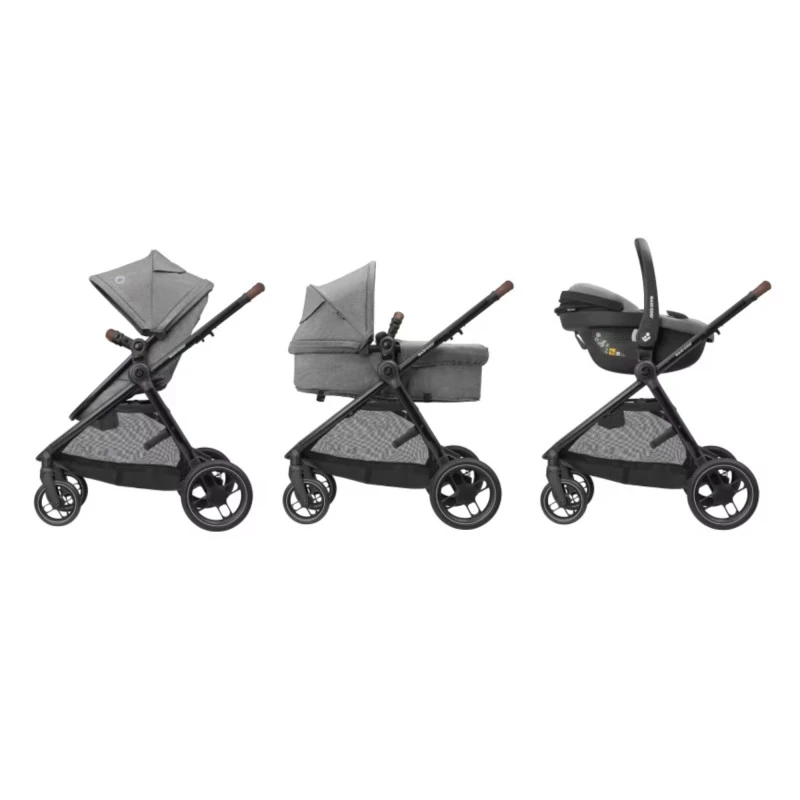 Maxi-Cosi Zelia S Trio 3-in-1 Travel System – Lightweight Reversible Stroller, 2-in-1 Carrycot Seat, CabrioFix S i-Size Car Seat & Nursery Bag