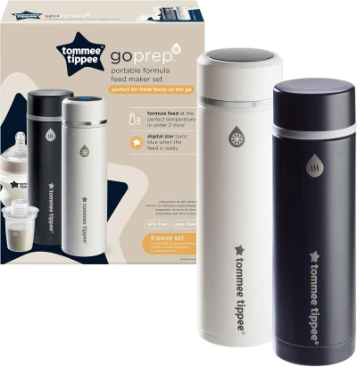 Tommee Tippee PrepGo Formula Feed Maker Set – Portable Hot & Cool Flasks with LED Temperature Display, Fast 2-Minute Feed Cooling