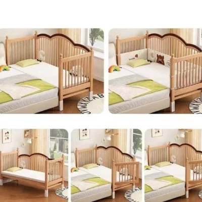 Solid Wood Toddler Bed with Adjustable Guardrail – European Beech, One-Click Lock, Coconut Palm Mattress Included