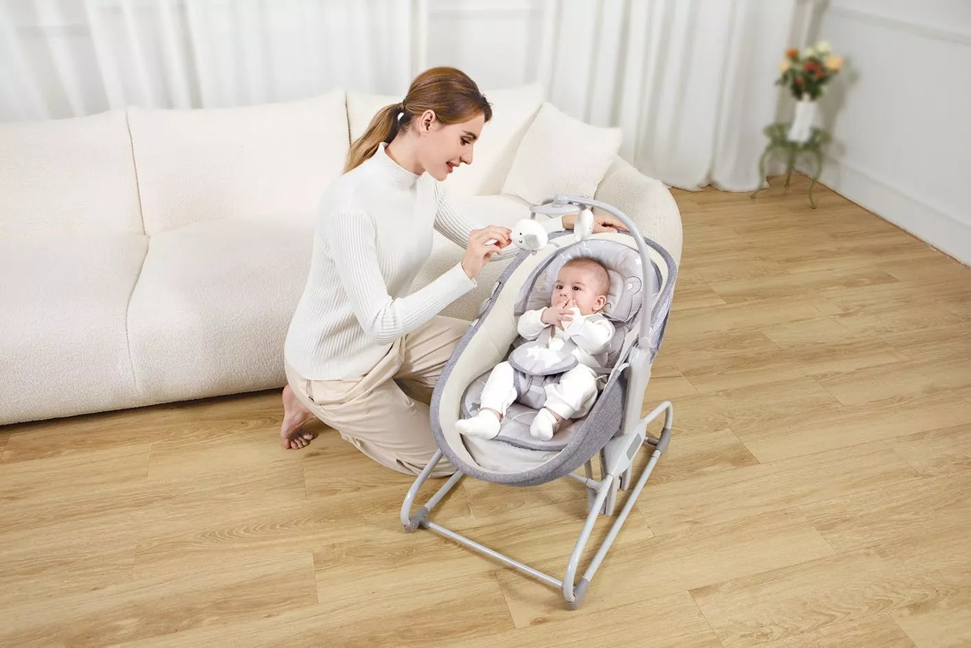 Mastela 4-in-1 Baby Cradle Automatic Electric Swing with 5-Point Harness, 360° Rotation, Soft Headrest & Removable Mosquito Net for Babies 0 to 18kg