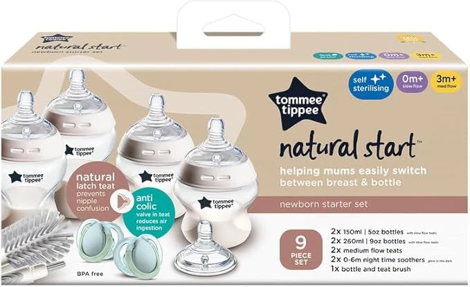Tommee Tippee Natural Start Newborn Starter Set, 150ml and 260ml Anti-Colic Baby Bottles,Teat, and Bottle Brush