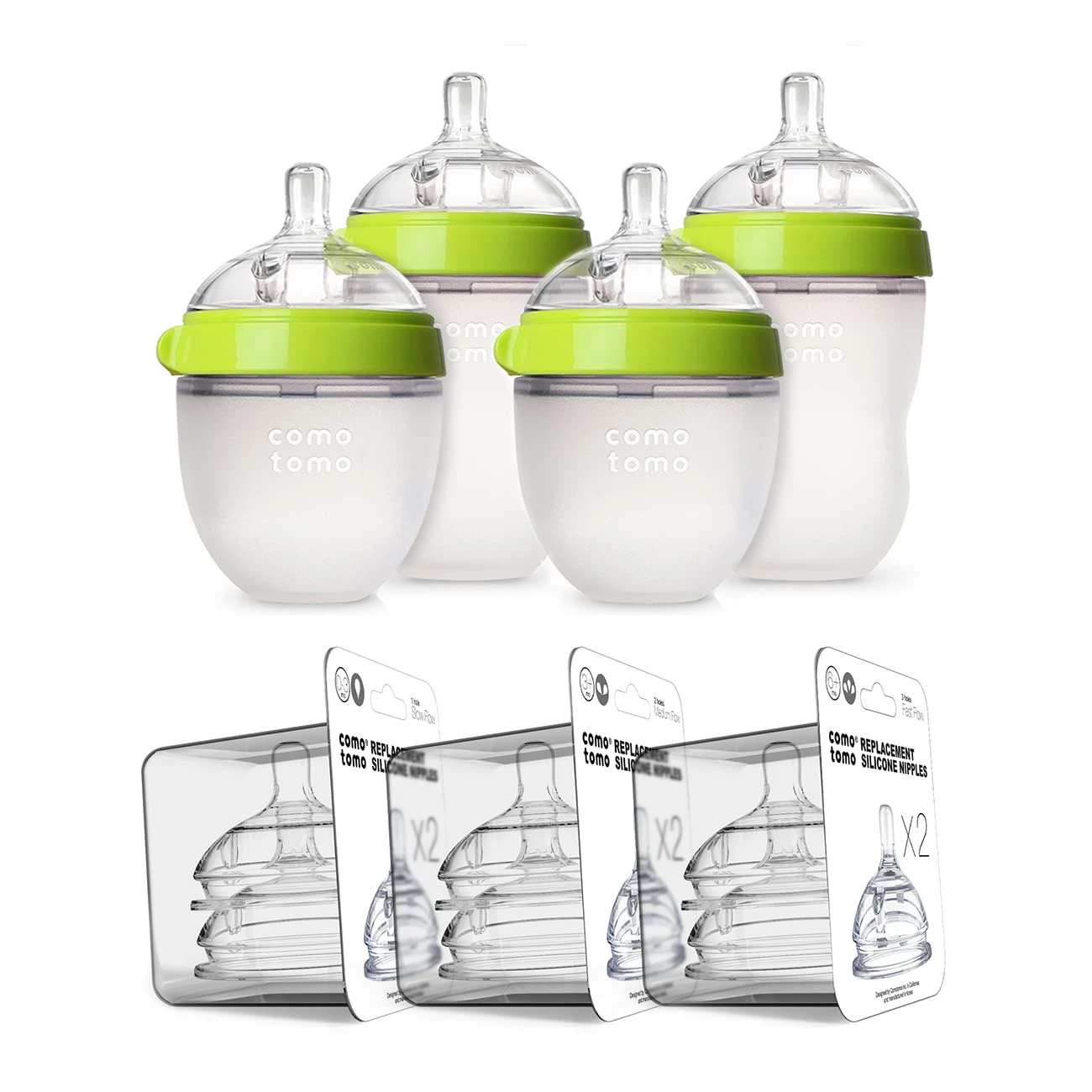 Comotomo Baby Bottle Bundle With 2x150ml Bottles, 2x250ml Bottles, and 3 Pairs of Teats-0-3m, 3m+, 6m+