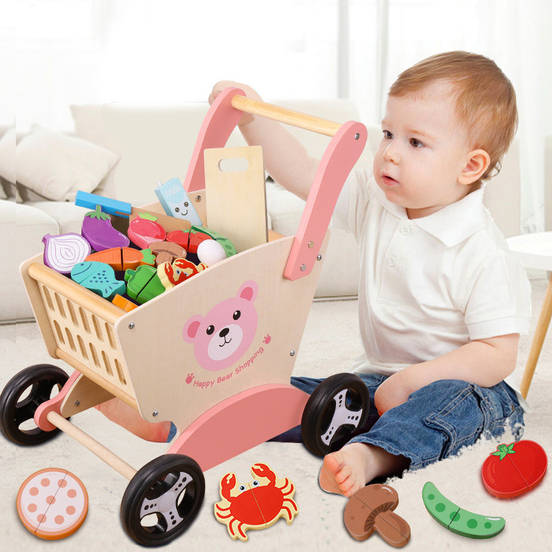 Wooden Kids Shopping Cart Trolley, Pretend Play Grocery Walker Toy for Toddlers