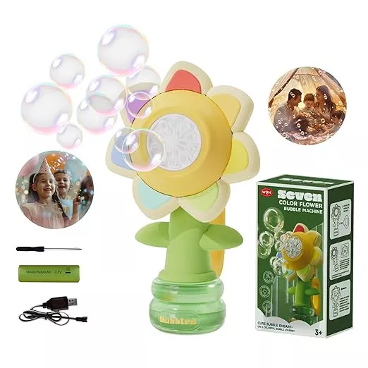 Sunflower Bubble Machines for Kids, Automatic Bubble Blower, Rechargeable & Battery Operated, Indoor/Outdoor Party Toy for Toddlers