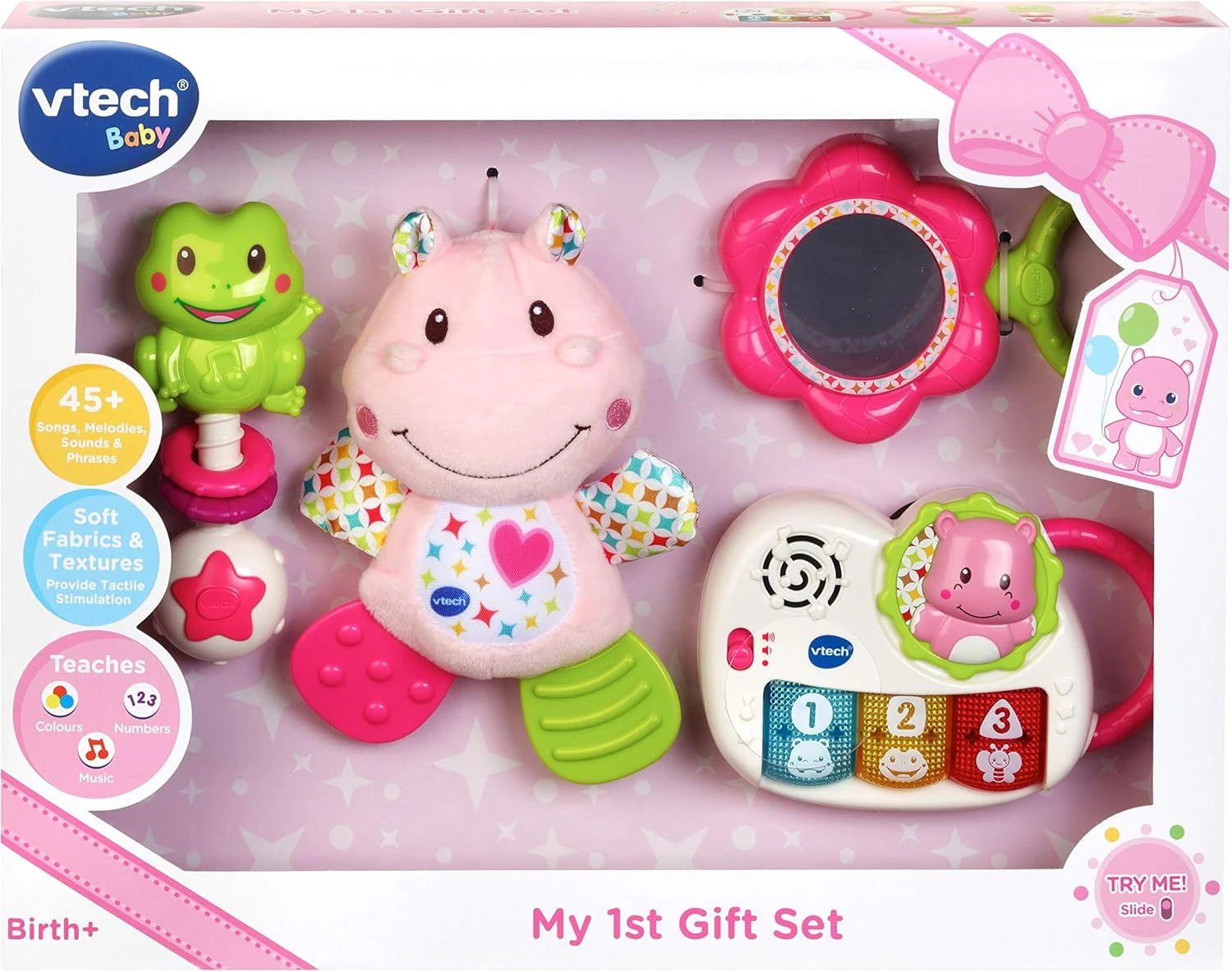 VTech My First Gift Set Baby Gifts and Toys | Including Hippo Animal Plush with Baby Teether, Piano and Rattle, Flower Mirror | 0, 6, 12 Months +