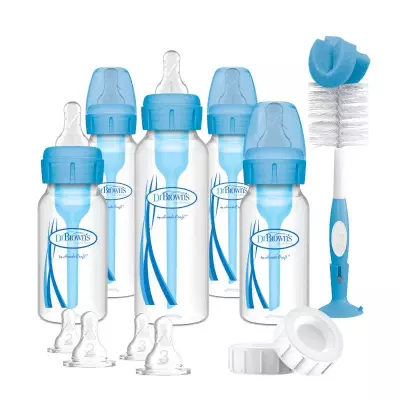 Dr Brown’s Anti-colic Options+ Narrow Neck Baby Bottle Gift Set | 5 Bottles, Teats & Accessories | Available in Blue and Pink