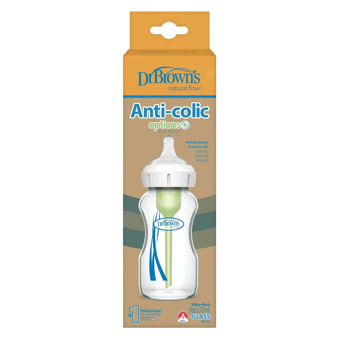 Dr. Brown's Options+ Wide-Neck Glass Baby Bottle with Anti-Colic, Slow Flow Nipple, BPA-Free, 0m+
