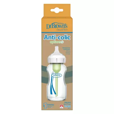 Dr. Brown's Options+ Wide-Neck Glass Baby Bottle with Anti-Colic, Slow Flow Nipple, BPA-Free, 0m+