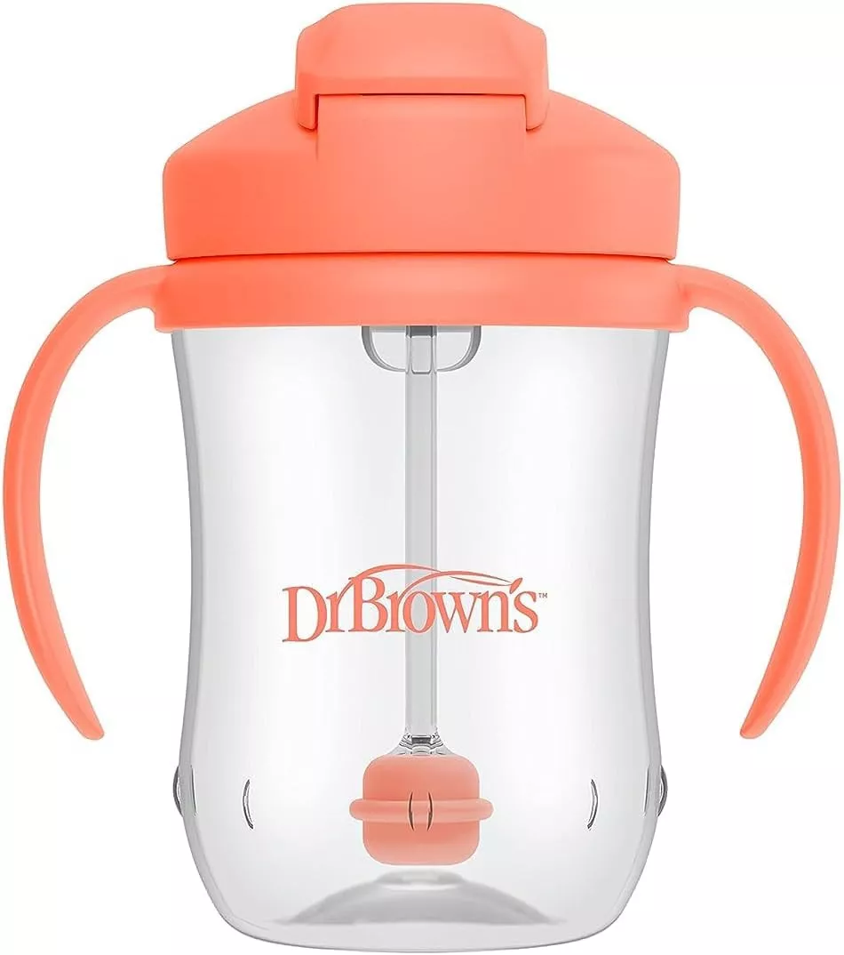 Dr. Brown's Milestones Baby’s First Straw Cup, Training Cup with Weighted Straw, Coral, 6m+