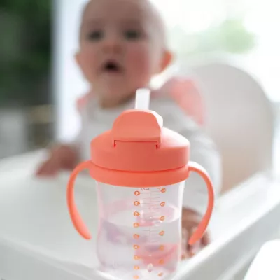 Dr. Brown's Milestones Baby’s First Straw Cup, Training Cup with Weighted Straw, Coral, 6m+