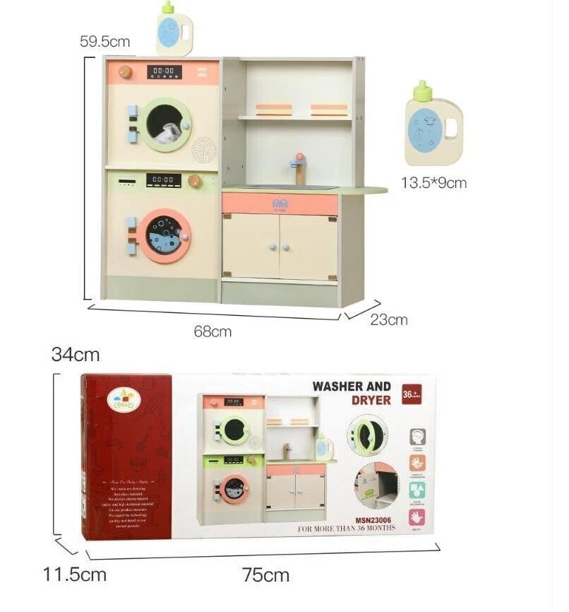 Kids Wooden Laundry Play Set, Pretend to Play Washing Machine, Sink & Dryer Toy with Storage for Ages 3+