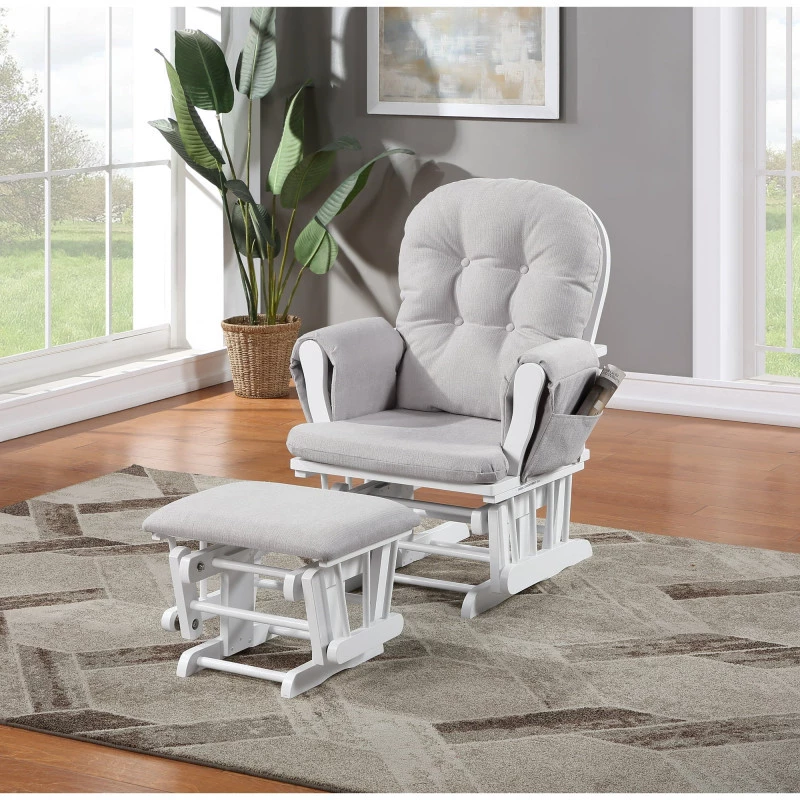Nursing Rocking Chair with Ottoman, Glider Rocker With Padded Cushion, Solid Wood Base and Storage