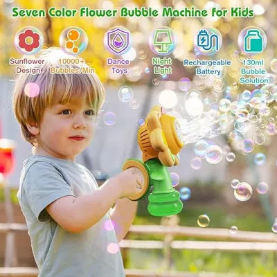 Sunflower Bubble Machines for Kids, Automatic Bubble Blower, Rechargeable & Battery Operated, Indoor/Outdoor Party Toy for Toddlers