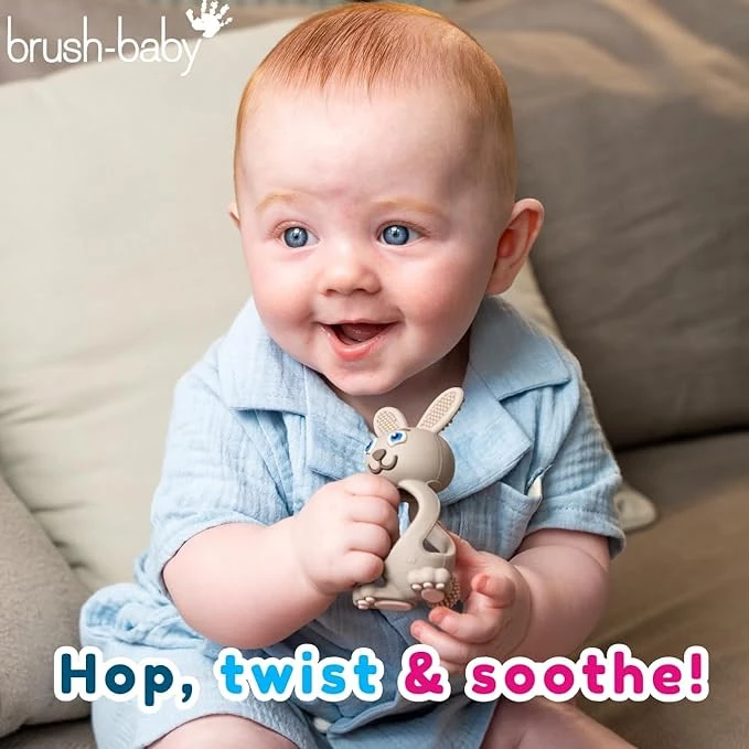 Brush-Baby - Bobbie Bunny Teether Toy, Cappuccino Grey - Fun, Engaging, Sensory Teething Toy for Babies 0-3 Years - BPA Free, Soft Silicone - for Gum Relief & Oral Development