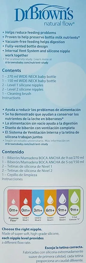 Dr. Brown's Options+ Wide-Neck Bottle Sampler Kit – Anti-Colic, Breast-Like Nipple, 270ml & 150ml Bottles.