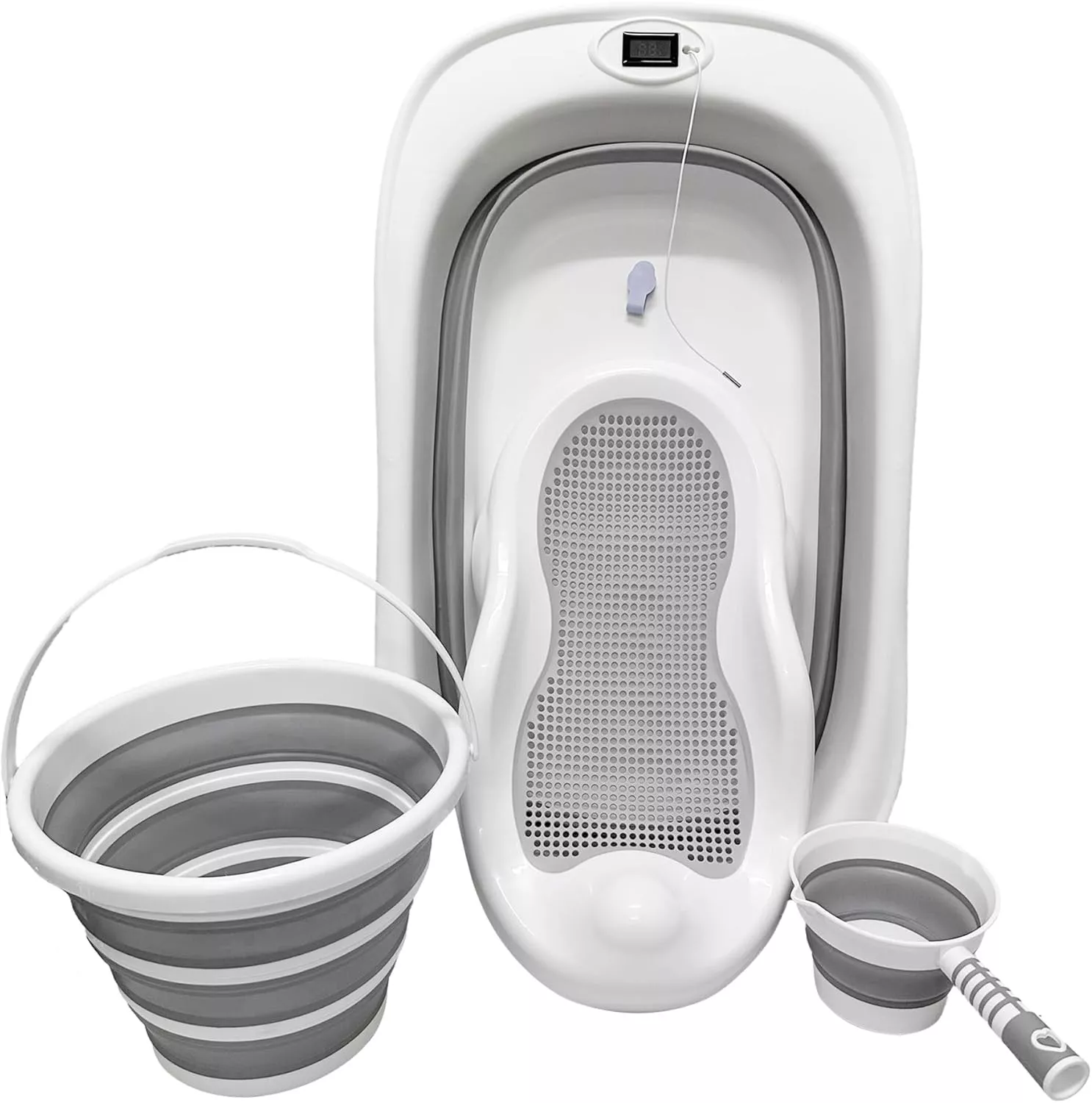 Tenbabe 4-in-1 Foldable Baby Bathtub Set with Silicone Bather, Thermometer, Bucket & Ladle for Newborns to Toddlers, 0-3 Years
