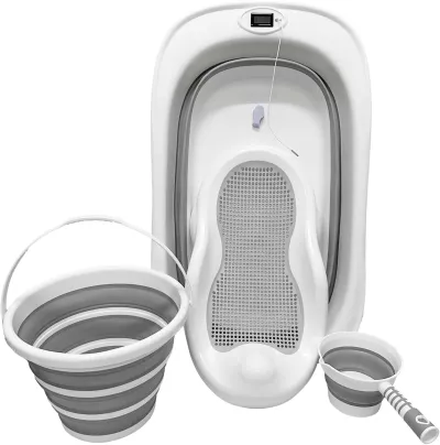 Tenbabe 4-in-1 Foldable Baby Bathtub Set with Silicone Bather, Thermometer, Bucket & Ladle for Newborns to Toddlers, 0-3 Years